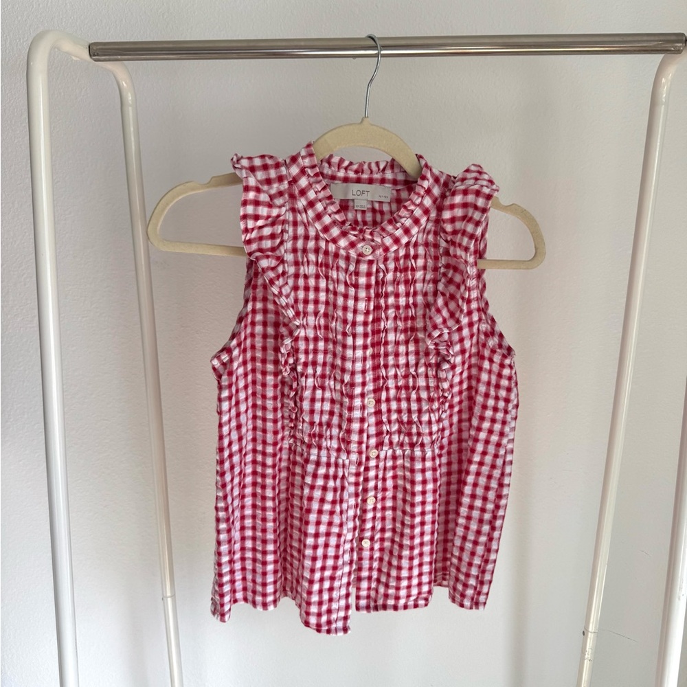 LOFT Red Checkered Ruffle Top